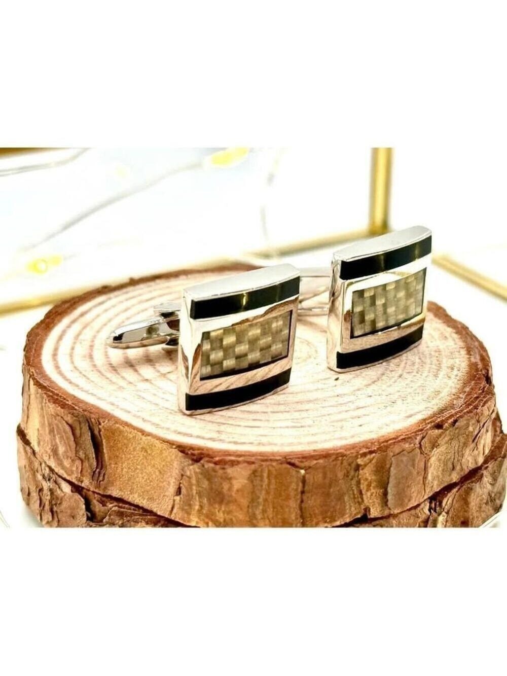 Vintage Carbon Fiber Style Rectangular Cufflinks Silver Tone Black Check Inlay
